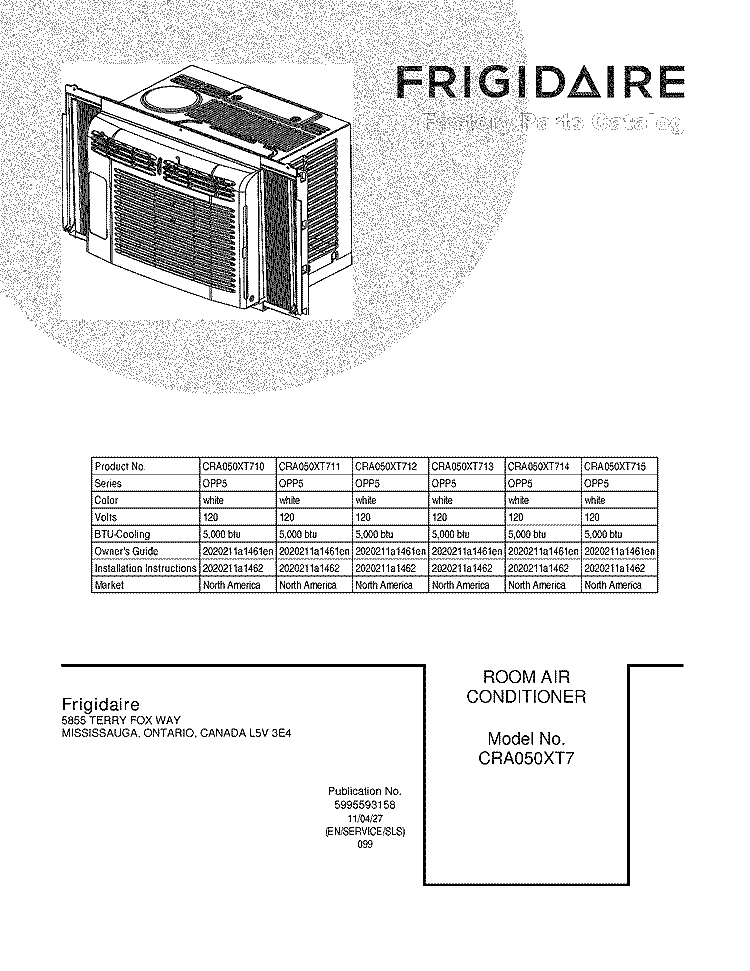 COVER Diagram and Parts List for CRA050XT714  Frigidaire Air Conditioner