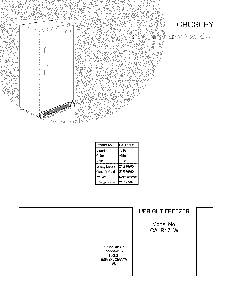 COVER Diagram and Parts List for CALR17LW2  Crosley Freezer