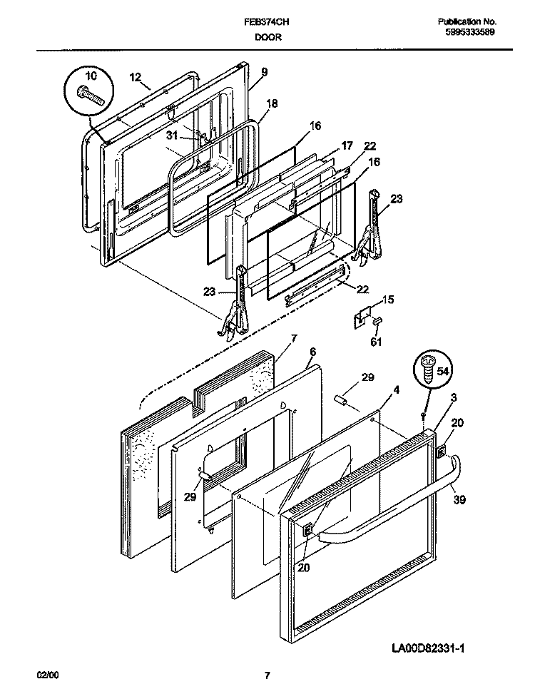 DOOR Diagram and Parts List for FEB374CHBB  Frigidaire Wall Oven