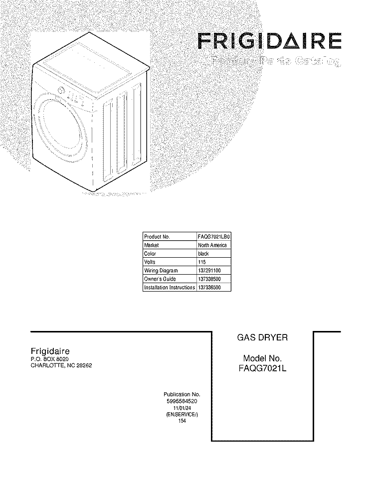 COVER Diagram and Parts List for FAQG7021LB0  Frigidaire Dryer