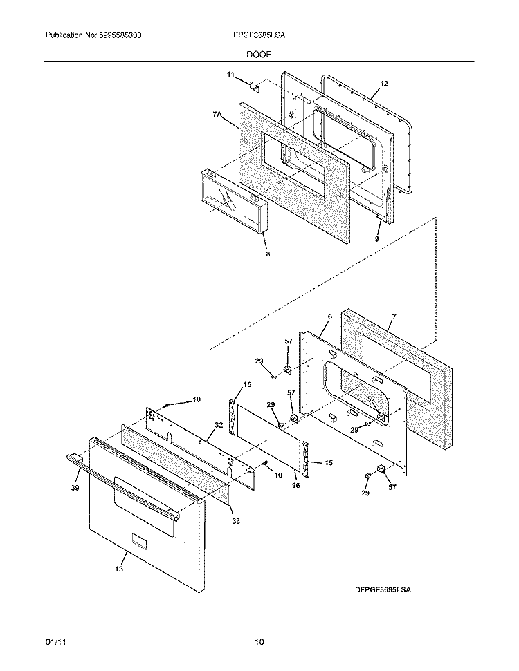 DOOR Diagram and Parts List for FPGF3685LSA  Frigidaire Range
