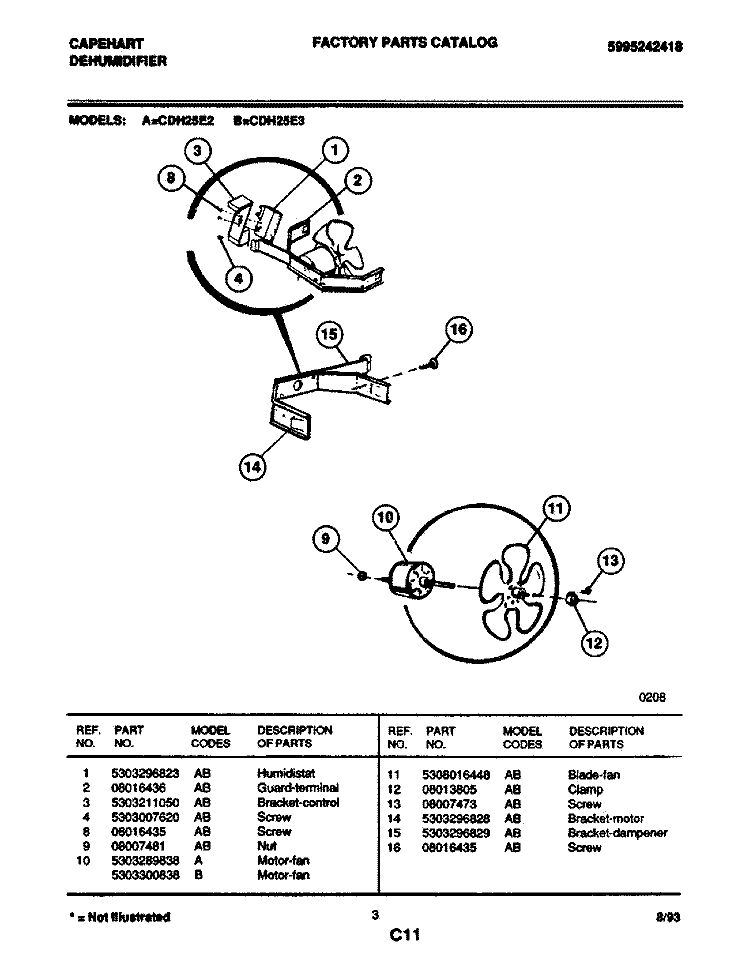 FAN Diagram and Parts List for CDH25E2  Frigidaire Dehumidifier