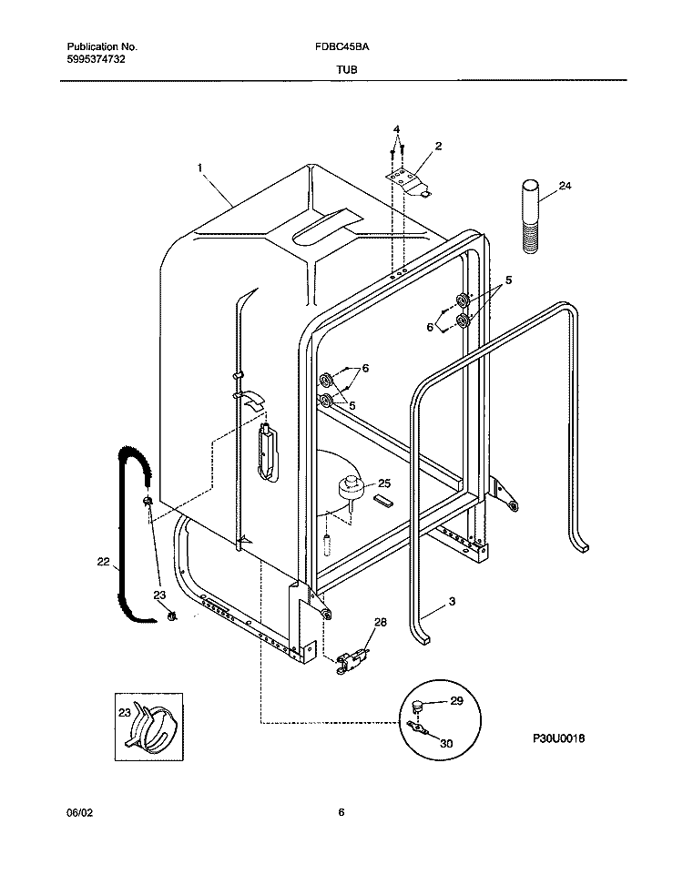 TUB Diagram and Parts List for FDBC45BAS1  Frigidaire Dishwasher