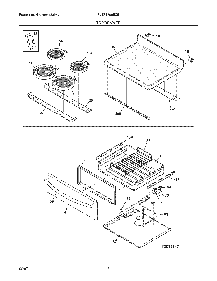 TOP / DRAWER Diagram and Parts List for PLEFZ398ECE  Frigidaire Range