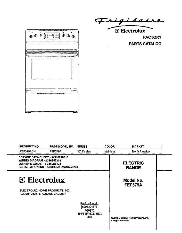 COVER Diagram and Parts List for FEF379ACH  Frigidaire Range