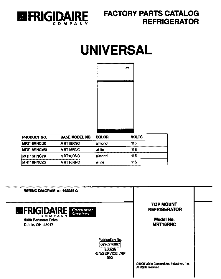 COVER Diagram and Parts List for MRT16RNCW0  Frigidaire Refrigerator