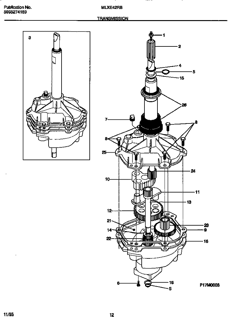 TRANSMISSION Diagram and Parts List for MLXE42RBD2  Frigidaire Washer Dryer Combo