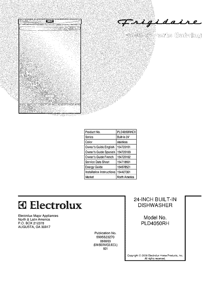 COVER Diagram and Parts List for PLD4050RHC0  Frigidaire Dishwasher