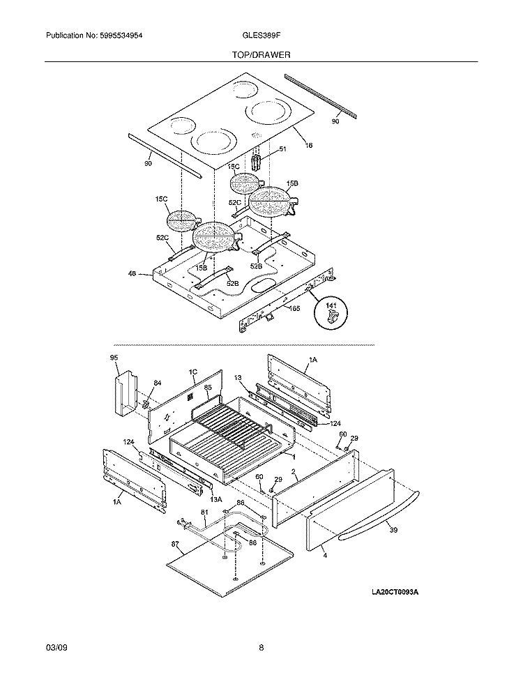 TOP/DRAWER Diagram and Parts List for GLES389FBF  Frigidaire Range