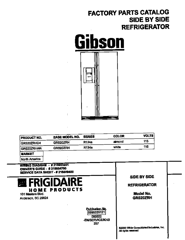 COVER Diagram and Parts List for GRS20ZRHW4  Gibson Refrigerator