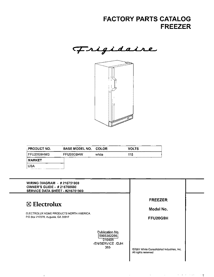 COVER Diagram and Parts List for FFU20G9HW3  Frigidaire Freezer