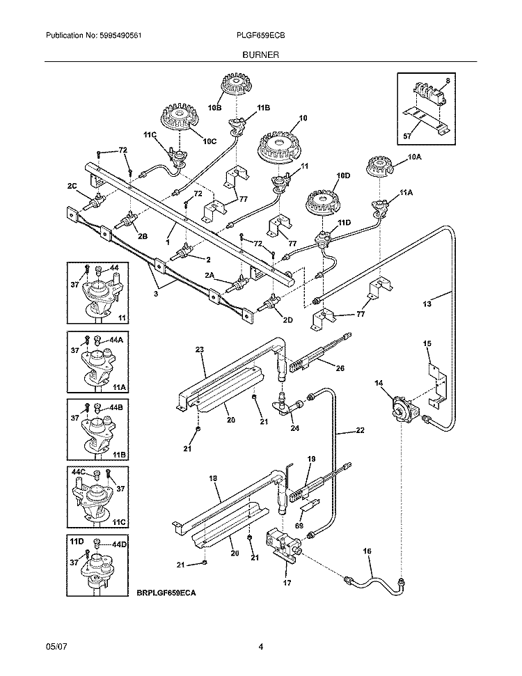 BURNER Diagram and Parts List for PLGF659ECB  Frigidaire Range