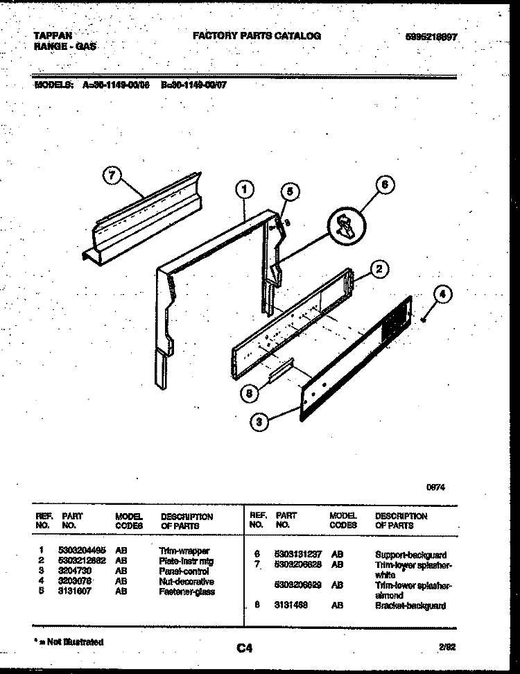 BACKGUARD Diagram and Parts List for 30-1149-00-07  Tappan Range