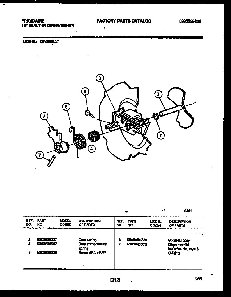 CAM Diagram and Parts List for DW2508A1  Frigidaire Dishwasher