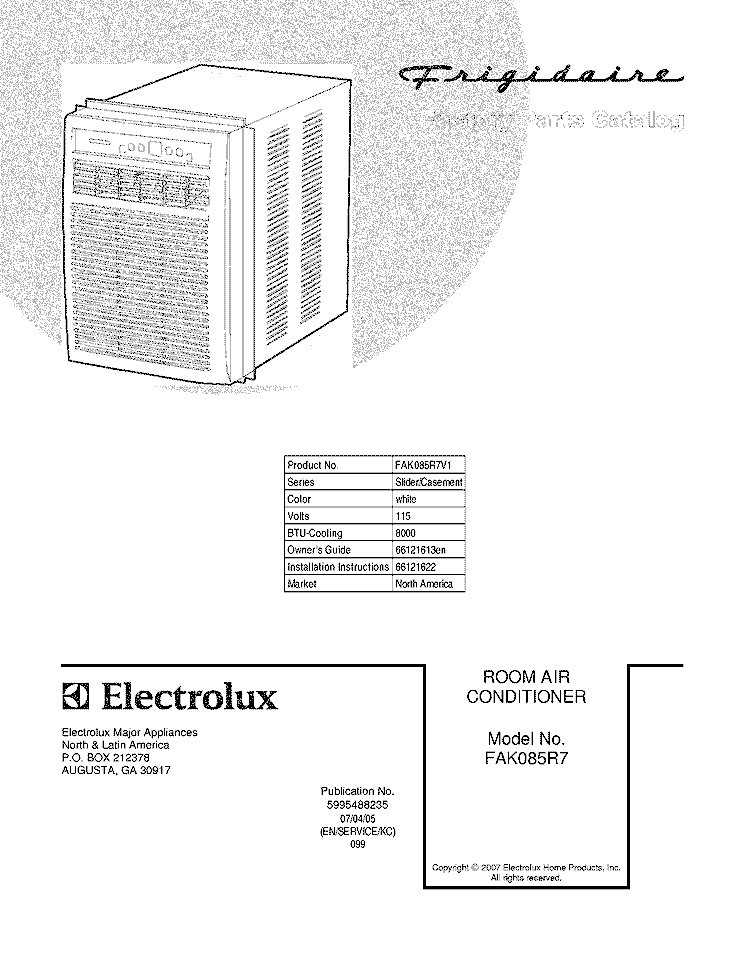 COVER Diagram and Parts List for FAK085R7V1  Frigidaire Air Conditioner