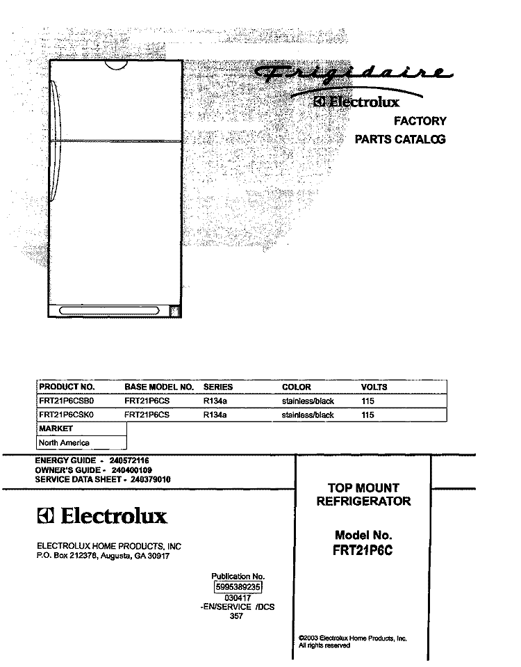 COVER Diagram and Parts List for FRT21P6CSB0  Frigidaire Refrigerator