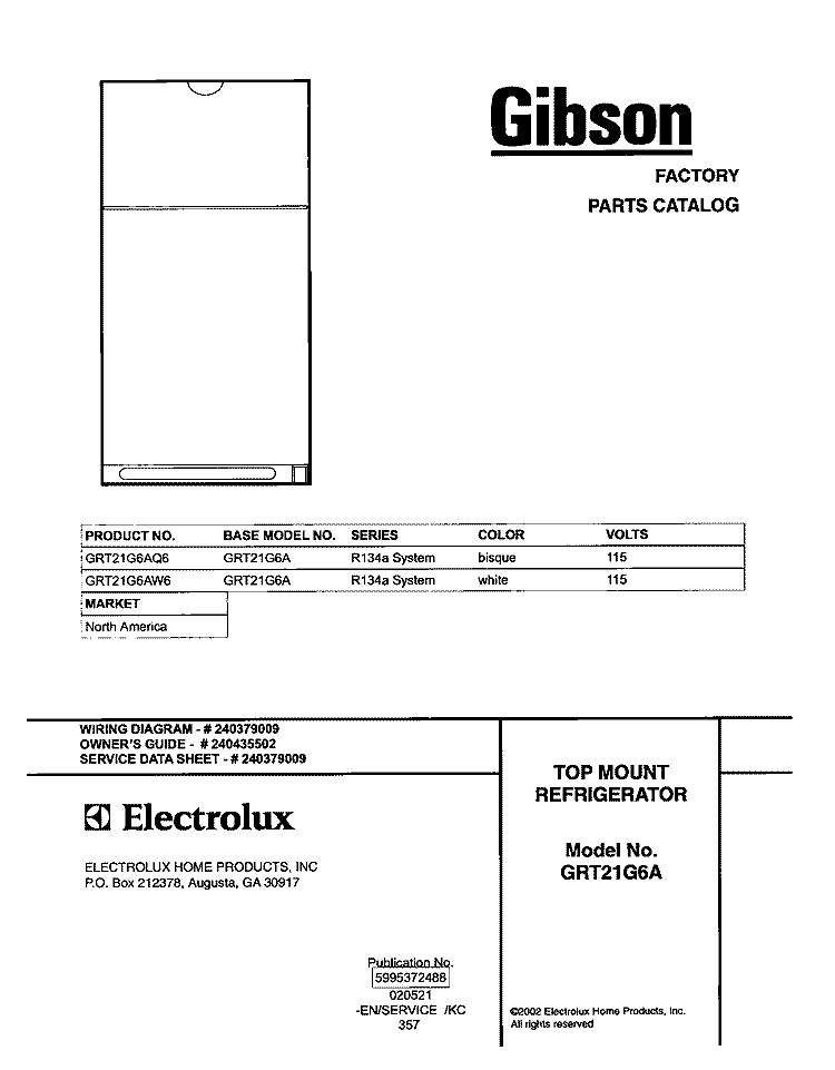 COVER Diagram and Parts List for GRT21G6AW6  Gibson Refrigerator