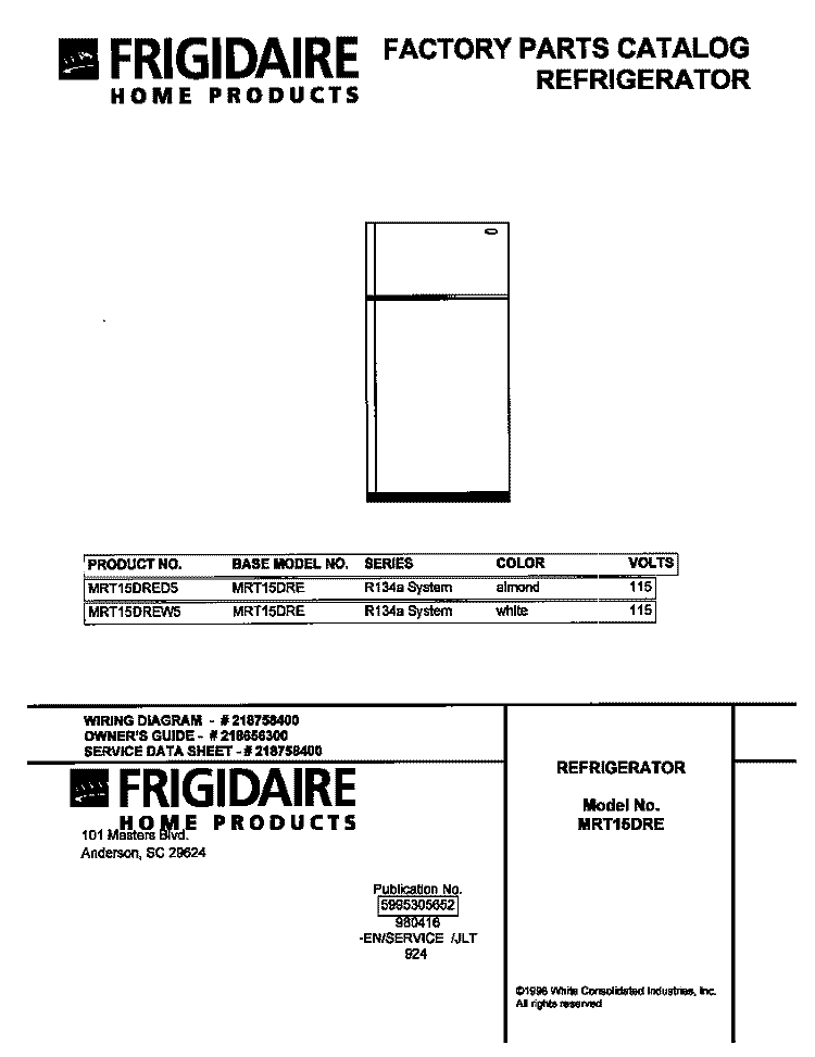 COVER Diagram and Parts List for MRT15DRED5  Frigidaire Refrigerator