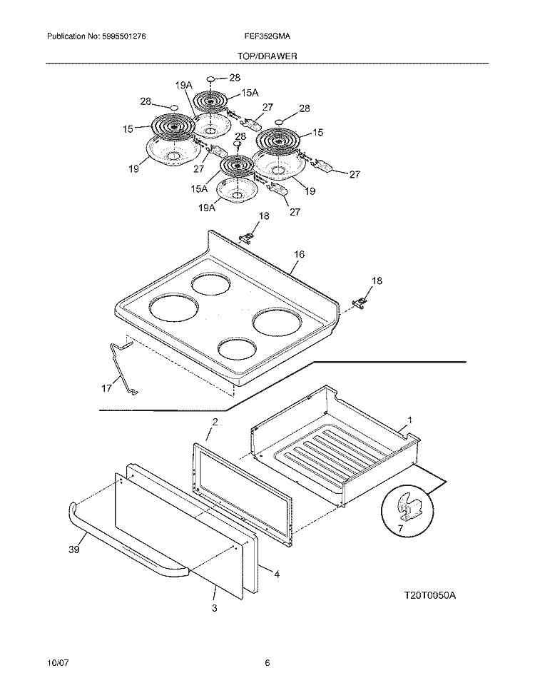 TOP / DRAWER Diagram and Parts List for FEF352GMA  Frigidaire Range