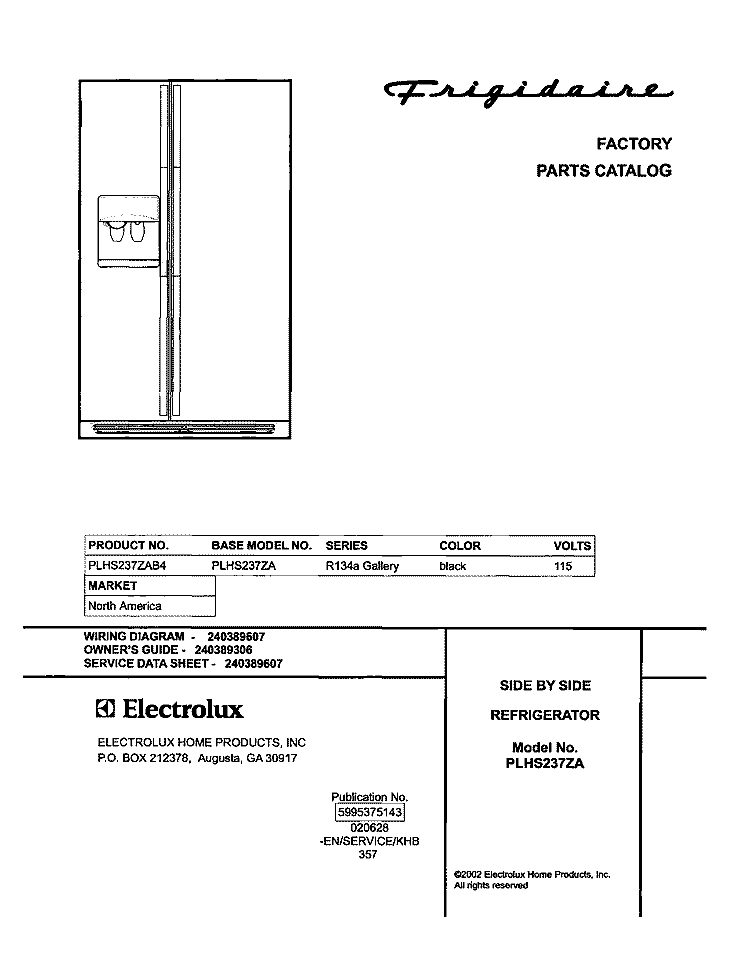 COVER Diagram and Parts List for PLHS237ZAB4  Frigidaire Refrigerator