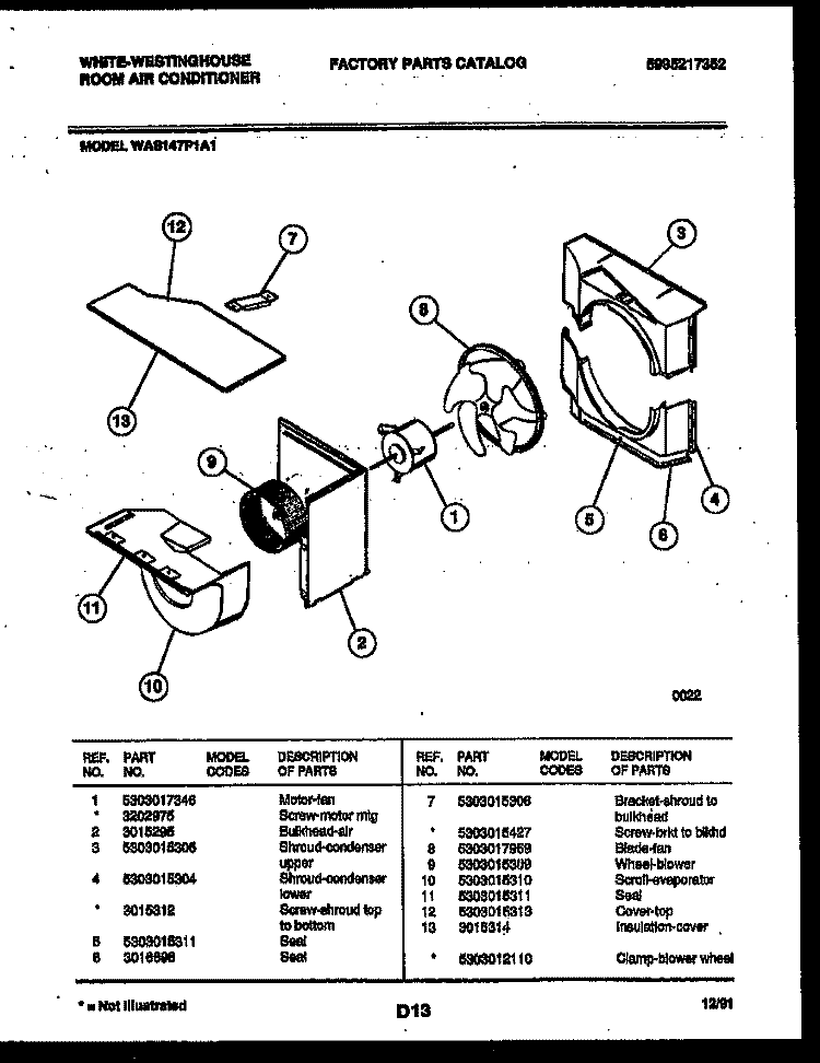 AIR HANDLING PARTS Diagram and Parts List for WAS147P1A1  Frigidaire Air Conditioner