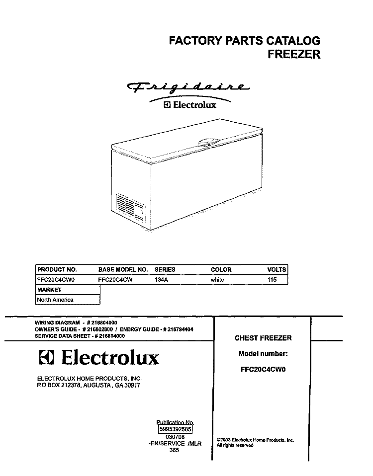 COVER Diagram and Parts List for FFC20C4CW0  Frigidaire Freezer