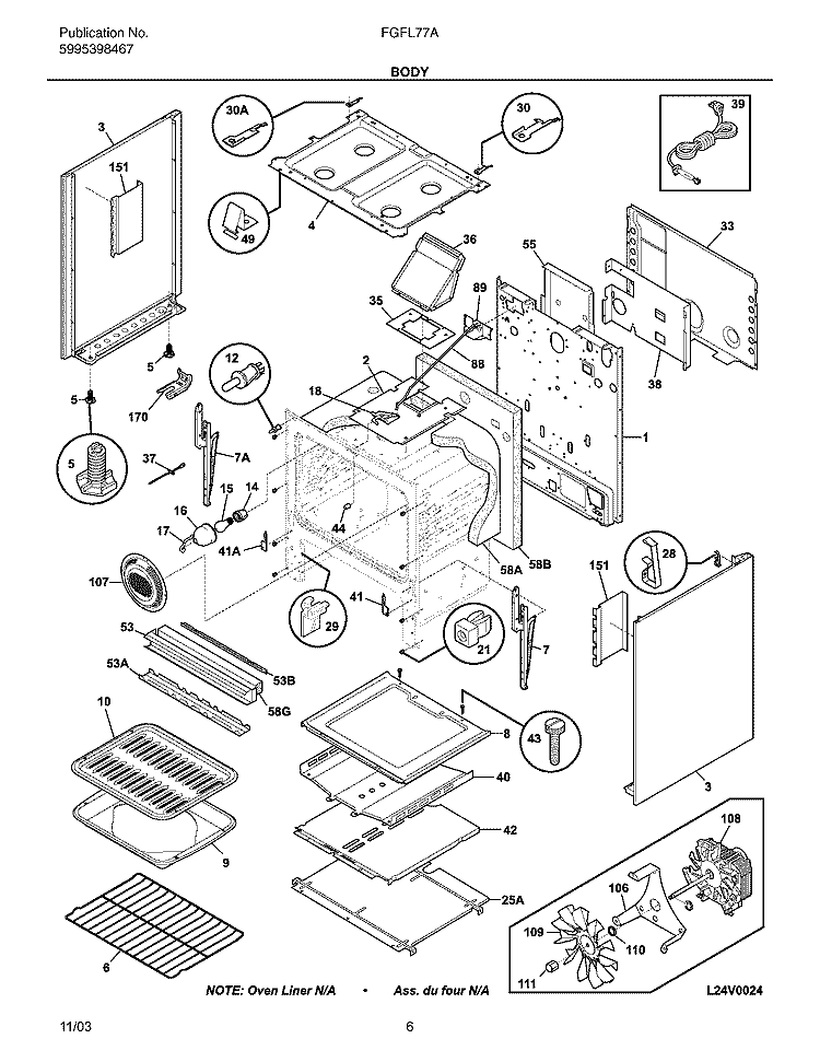 BODY Diagram and Parts List for FGFL77ABF  Frigidaire Range