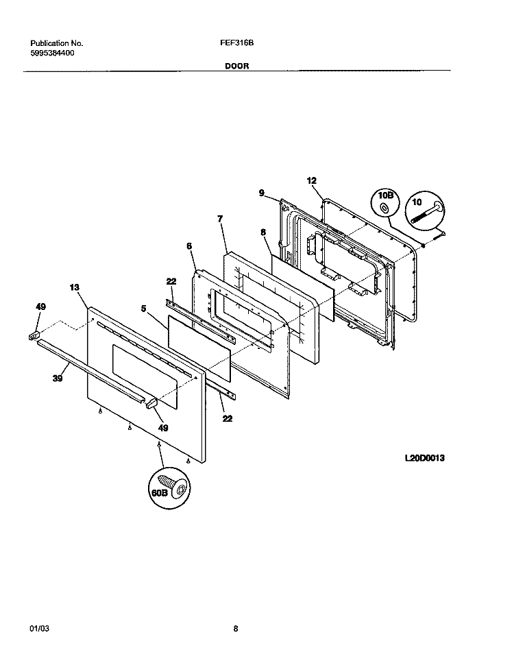 DOOR Diagram and Parts List for FEF316BSA  Frigidaire Range