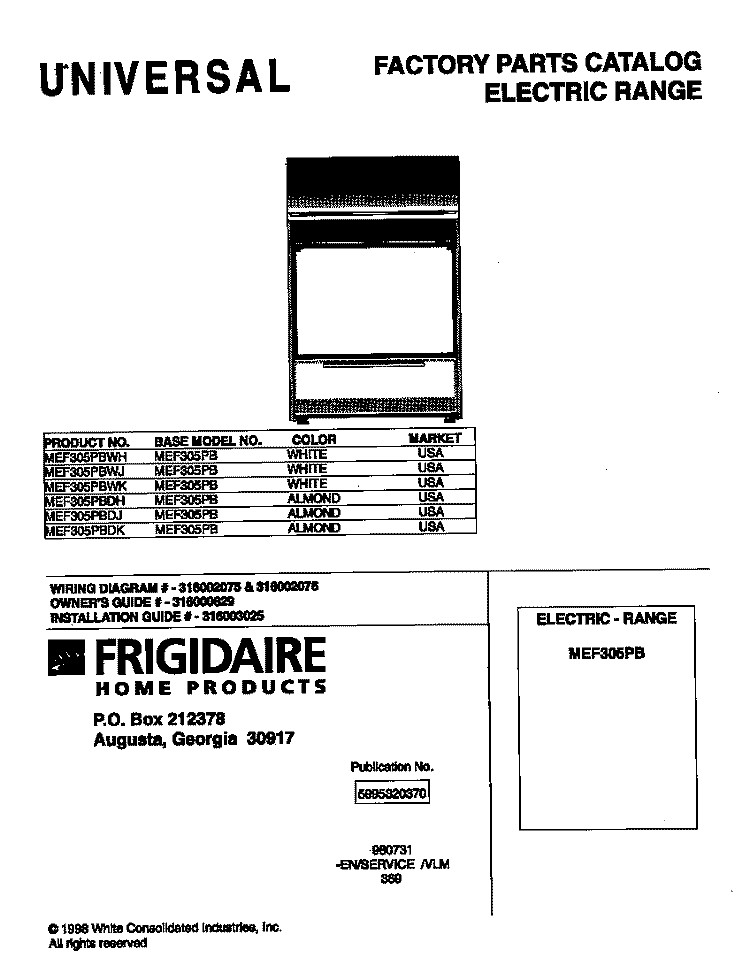 COVER Diagram and Parts List for MEF305PBDK  Frigidaire Range