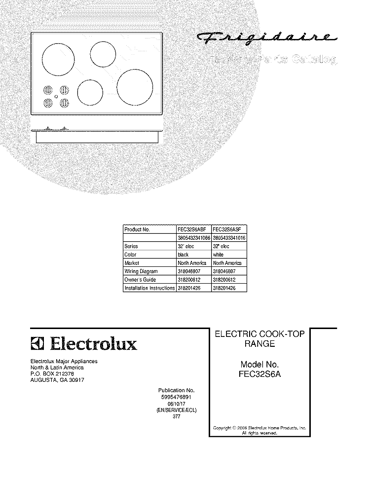 COVER Diagram and Parts List for FEC32S6ASF  Frigidaire Cooktop