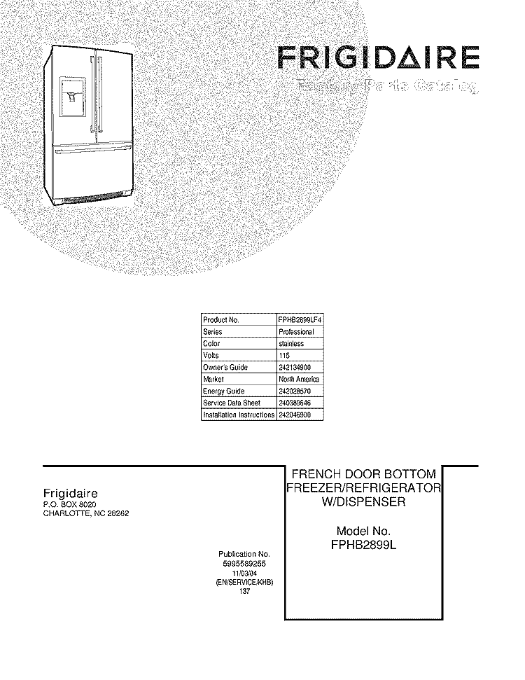COVER Diagram and Parts List for FPHB2899LF4  Frigidaire Refrigerator