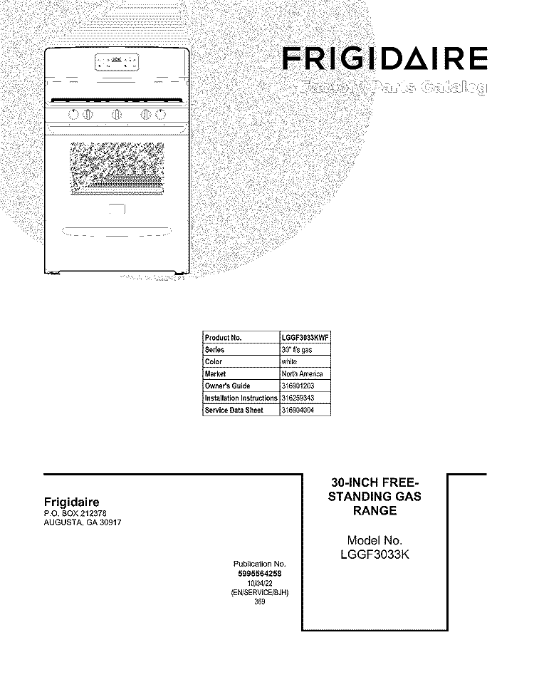 COVER Diagram and Parts List for LGGF3033KWF  Frigidaire Range