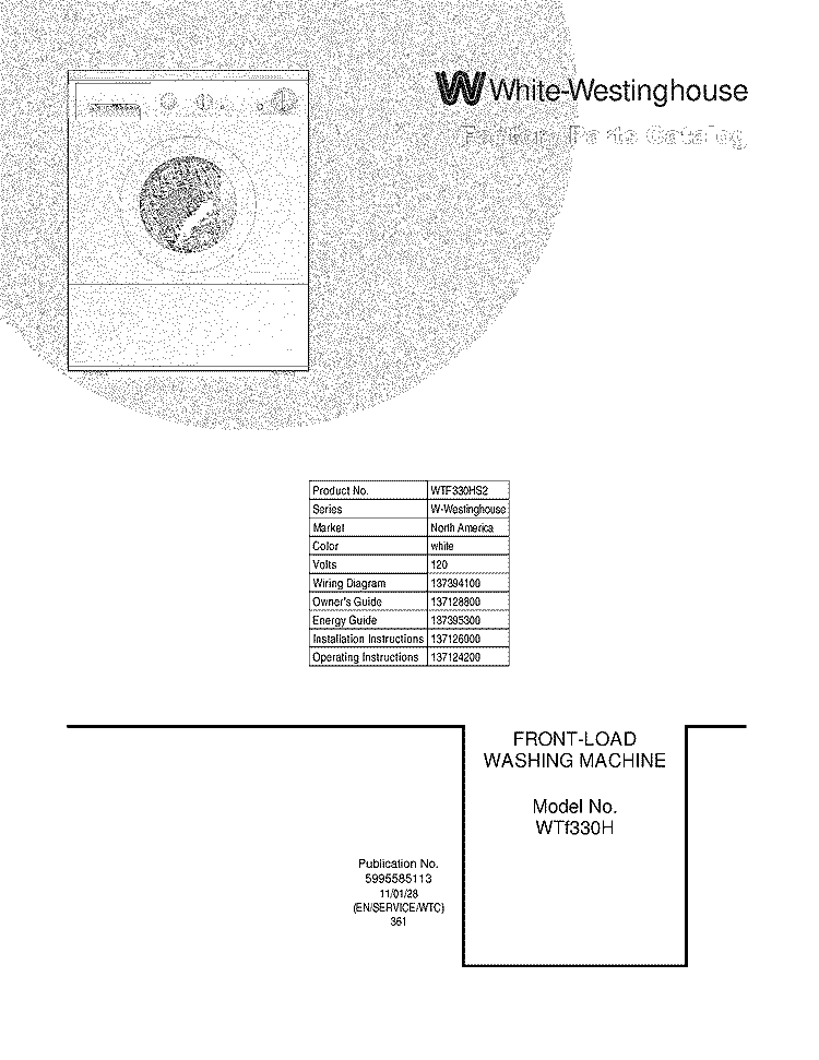COVER Diagram and Parts List for WTF330HS2  Westinghouse Washer
