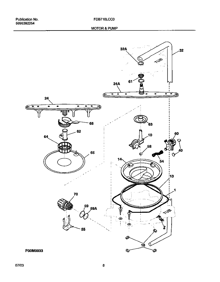 MOTOR & PUMP Diagram and Parts List for FDB710LCC0  Frigidaire Dishwasher