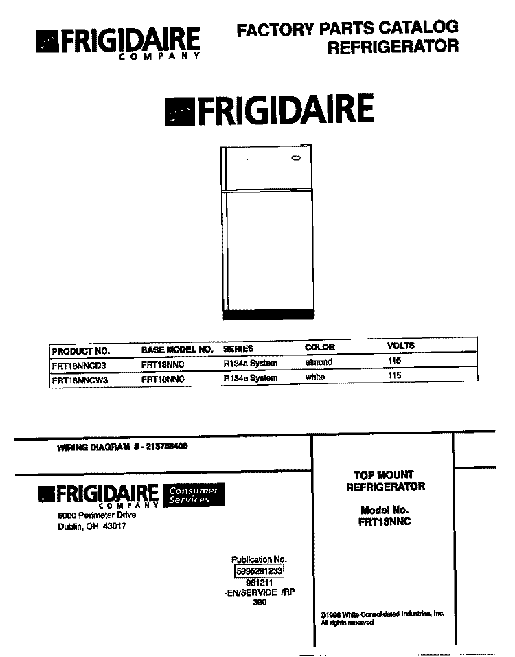 COVER Diagram and Parts List for FRT18NNCD3  Frigidaire Refrigerator