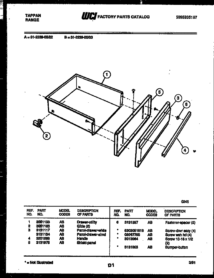 DRAWER PARTS Diagram and Parts List for 31-2239-00-03  Tappan Range