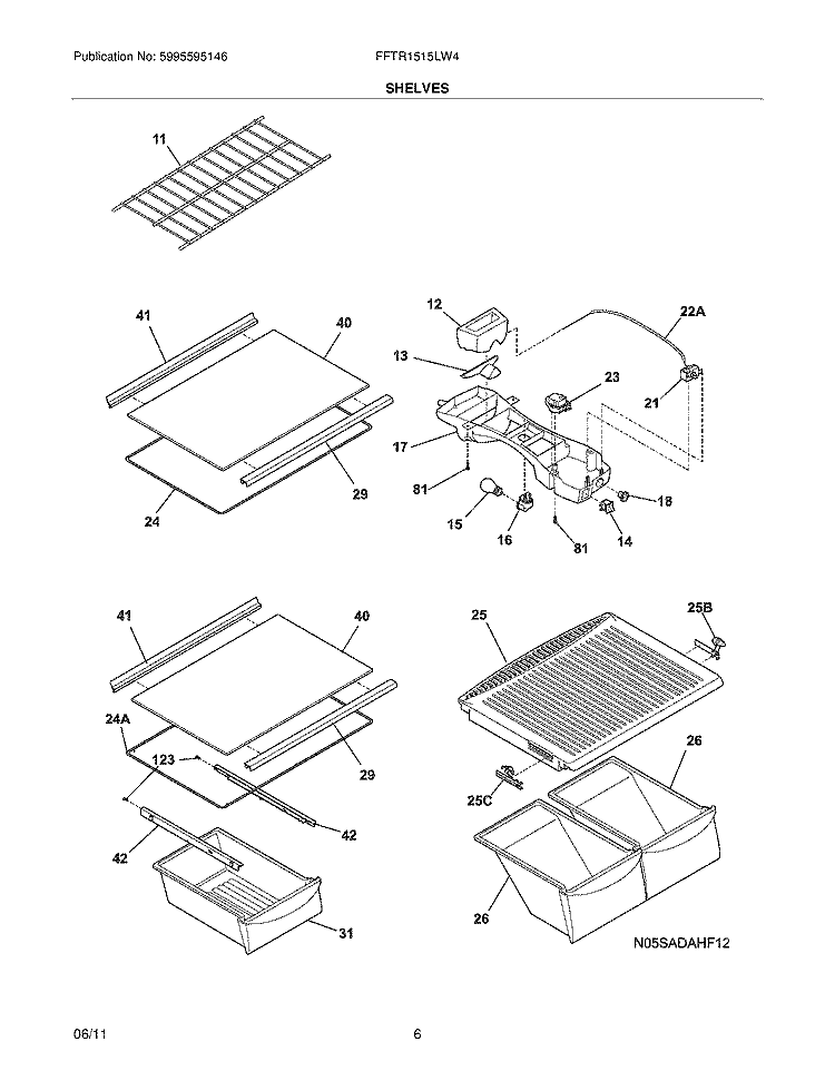 SHELVES Diagram and Parts List for FFTR1515LW4  Frigidaire Refrigerator