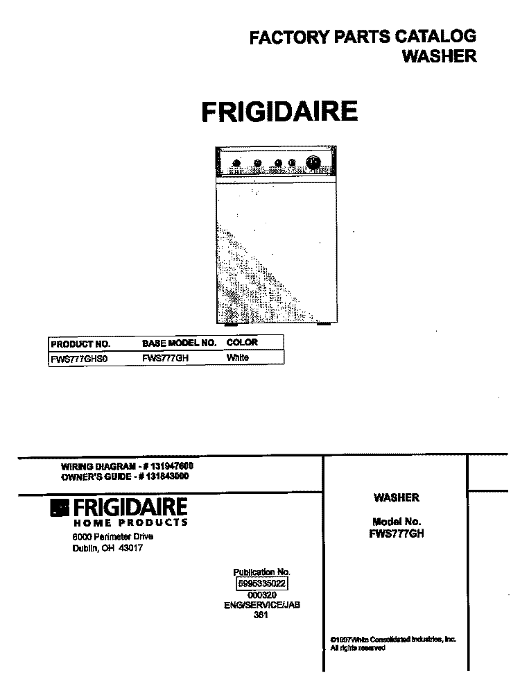 COVER Diagram and Parts List for FWS777GHS0  Frigidaire Washer