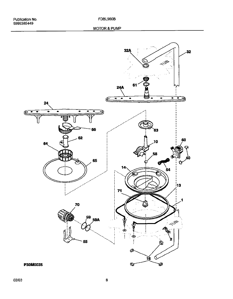 MOTOR & PUMP Diagram and Parts List for FDBL960BS1  Frigidaire Dishwasher