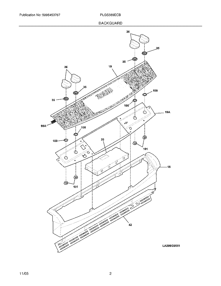 BACKGUARD Diagram and Parts List for PLGS389ECB  Frigidaire Range
