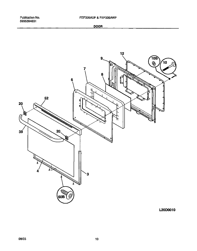DOOR Diagram and Parts List for FEF326AQF  Frigidaire Range