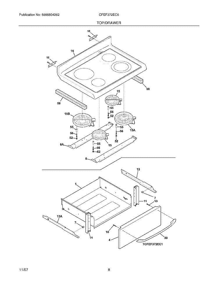 TOP / DRAWER Diagram and Parts List for CFEF372EC6  Frigidaire Range