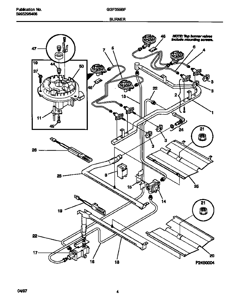 BURNER Diagram and Parts List for GGF355BFWA  Gibson Range