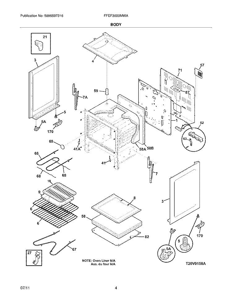 BODY Diagram and Parts List for FFEF3000MWA  Frigidaire Range