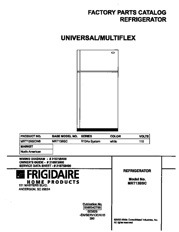 COVER Diagram and Parts List for MRT13BSCW6  Frigidaire Refrigerator