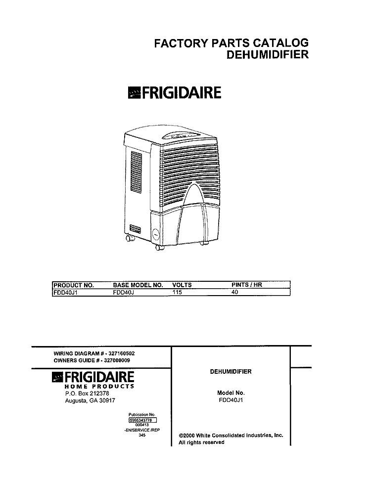 COVER Diagram and Parts List for FDD40J1  Frigidaire Dehumidifier
