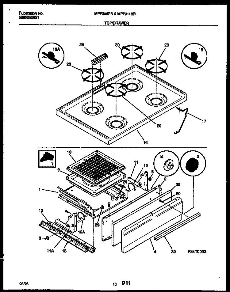 COOKTOP AND BROILER DRAWER PARTS Diagram and Parts List for MPF300PBDA  Frigidaire Range