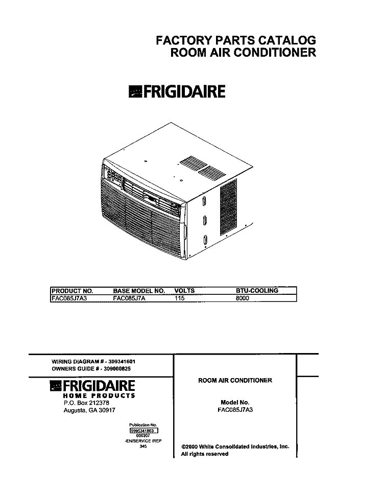 COVER Diagram and Parts List for FAC085J7A3  Frigidaire Air Conditioner