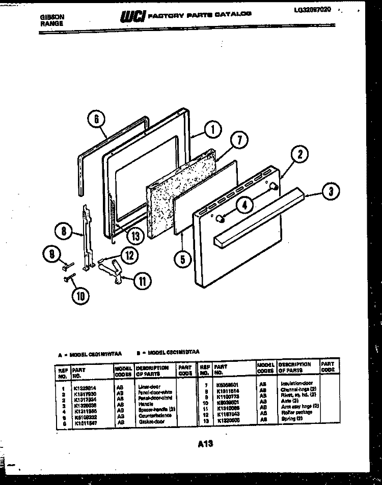 DOOR PARTS Diagram and Parts List for CEC1M1WTAA  Gibson Range