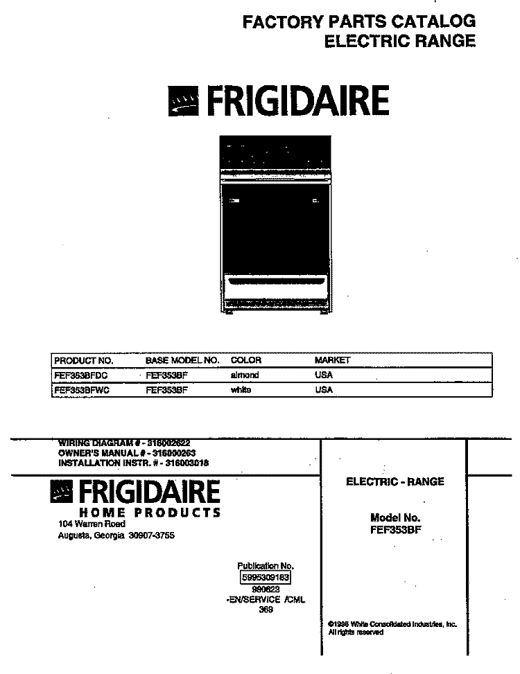 COVER Diagram and Parts List for FEF353BFDC  Frigidaire Range